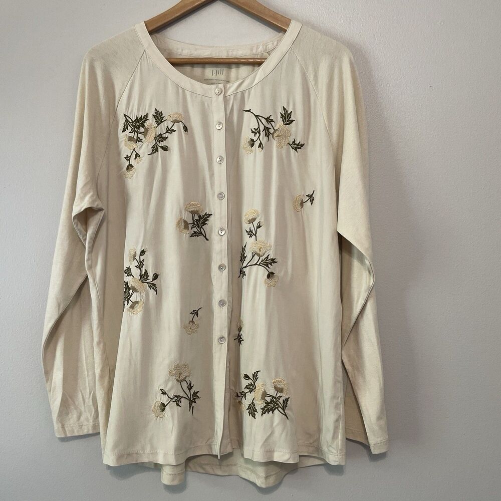 NWT J. Jill Ivory Embroidered Button Down Top XL Paneled Floral Scoop Neck Boho